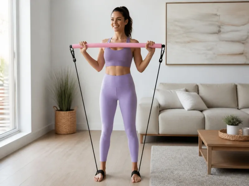 Woman with the Sculpted Flow pilates bar at home